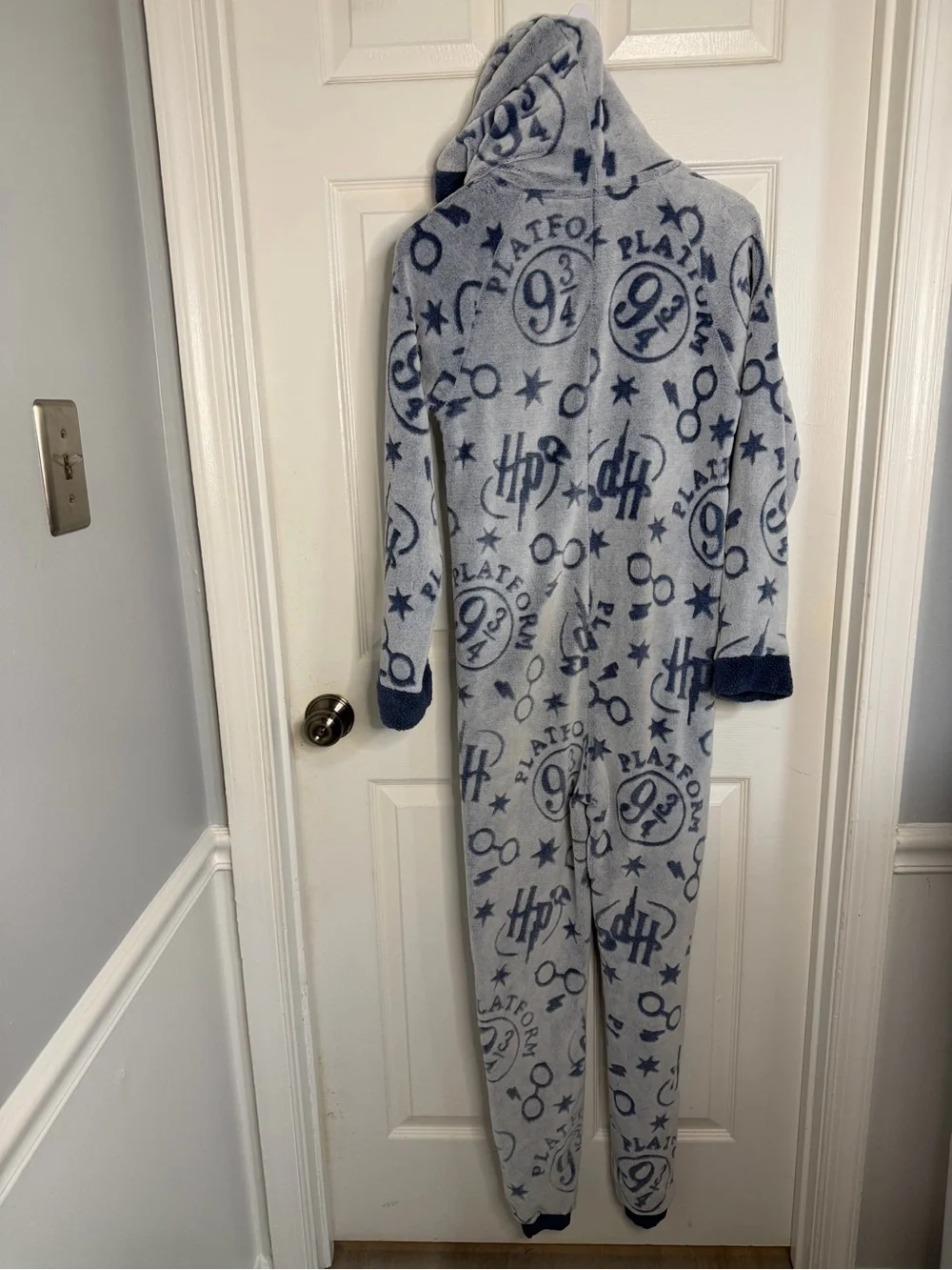 Blue Hooded Kids Fleece One-Piece Pajama with Pom-Tie Hood